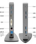 Universal Usb 3.0 Laptop Docking Station Dual Monitor HDMI VGA Gigabit Ethernet Six USB Ports Aluminum Build rear view with ports.
