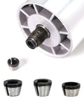 Top Shelf Six Piece Router Collet Adapter Kit For Woodworking Trimmers And Engraving Machines Featuring Slick Split Bushing Upgrades showing three steel collets.