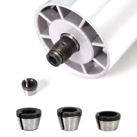 Top Shelf Six Piece Router Collet Adapter Kit For Woodworking Trimmers And Engraving Machines Featuring Slick Split Bushing Upgrades showing three steel collets.