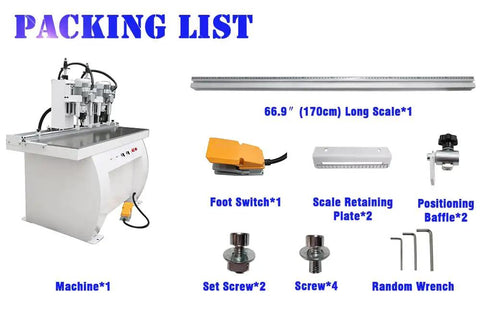 Packing list for Double Station Pneumatic Hinge Boring Machine for Woodworking 48-6 including machine and accessories.