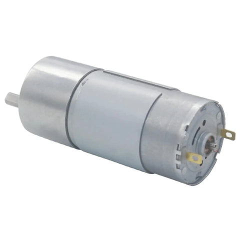 Beefy 37mm DC Metal Gear Motor Running On 12V Or 24V Power with silver aluminum housing and electrical connections for robotics.