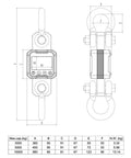 5 Ton Tension Dynamometer Force Gauge With Wireless Remote For Cable And Rope Pull Or Push Heavy Duty Crane Hanging Digital Scale Up To 11000 Lbs Maximum Load And 10000 Lbs Readout Range Tare Zero Peak Hold And Accumulating Readouts. dimension drawing with hook and display