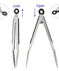 Two Pack 9 Inch And 12 Inch Stainless Steel Kitchen Tongs With Locking Mechanism, shown closed and open, brushed black finish.