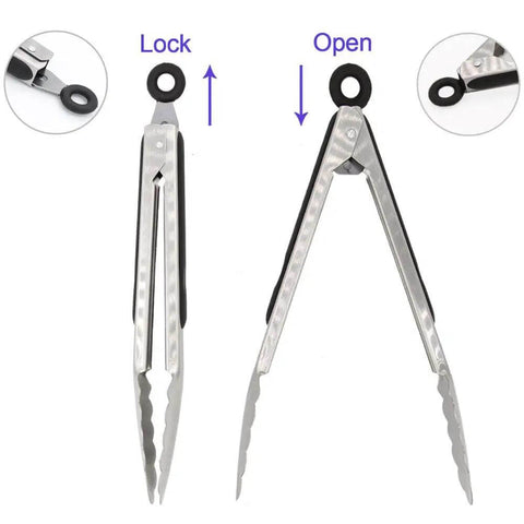 Two Pack 9 Inch And 12 Inch Stainless Steel Kitchen Tongs With Locking Mechanism, shown closed and open, brushed black finish.