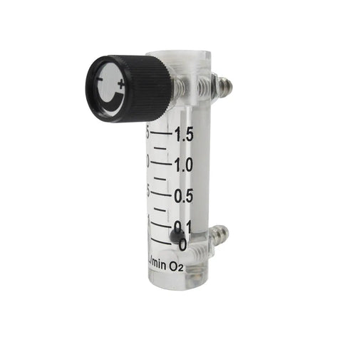 Oxygen Flow Meter 0.1-1.5 LPM For Fluid Filtration System With Acrylic Body Dope Design Easy Setup Control Valve Regulator Compatible 0.314 Inch Barbs For Quick Tube Connection Unidirectional Air Flow Durable Lab Grade, acrylic tube with black control knob and barbs
