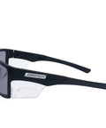 Heavy Duty Boss Level Safety Bifocal Glasses With Rugged Side Shields Kickass Impact Resistant ANSI Certified Eye Gear Smoke Lens Tough Black Frame side view with clear side shields.