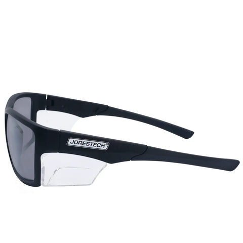 Heavy Duty Boss Level Safety Bifocal Glasses With Rugged Side Shields Kickass Impact Resistant ANSI Certified Eye Gear Smoke Lens Tough Black Frame side view with clear side shields.