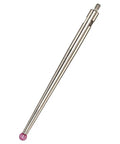 Side view of ruby ball contact point for dial test indicator, M1.4x0.3 thread, pink ruby ball tip, 1-7/16 in length
