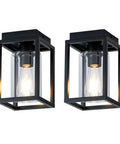 Flush Mount Ceiling Light Fixture With Clear Glass Shade In A Farmhouse Black Metal Frame, hardwired E26 ceramic base, 60W max