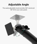 Universal Solar Panel Pole Mount With Extended Adjustable Arm demonstrating 360-degree swivel and 180-degree tilt.