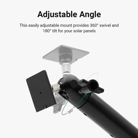 Universal Solar Panel Pole Mount With Extended Adjustable Arm demonstrating 360-degree swivel and 180-degree tilt.
