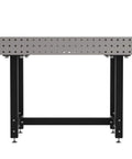 Hardcore Heavy Duty Steel Welding Fixture Table With Laser Cut Holes And Adjustable Levelers For Your Shop Rig and 48X30 Grind Ready Metal fabrication setup, side view.
