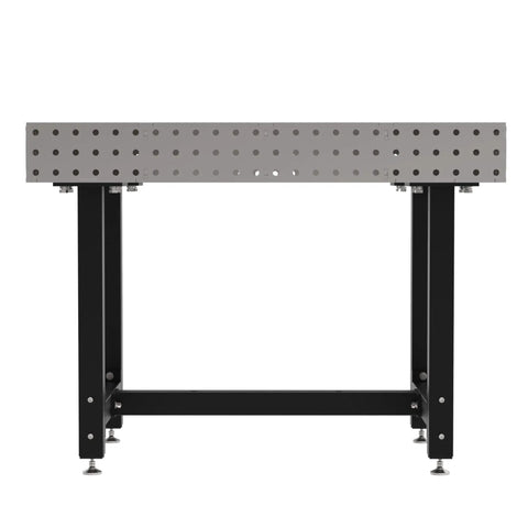 Hardcore Heavy Duty Steel Welding Fixture Table With Laser Cut Holes And Adjustable Levelers For Your Shop Rig and 48X30 Grind Ready Metal fabrication setup, side view.