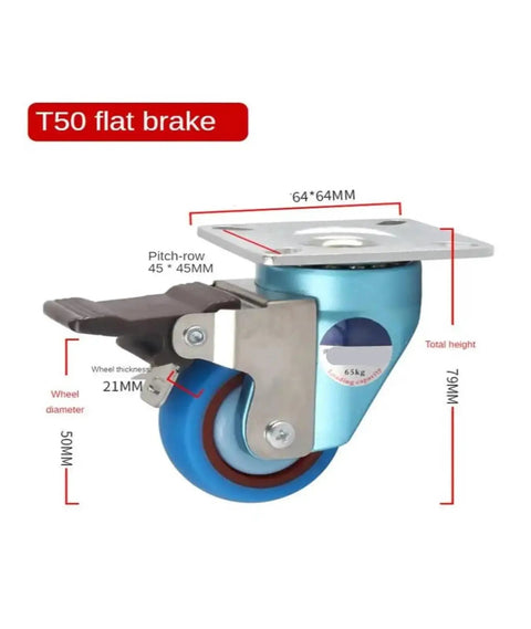 Heavy Duty T50 Swivel Brake Caster With Threaded Stem White Brake Wheel showing dimensions and flat brake mechanism