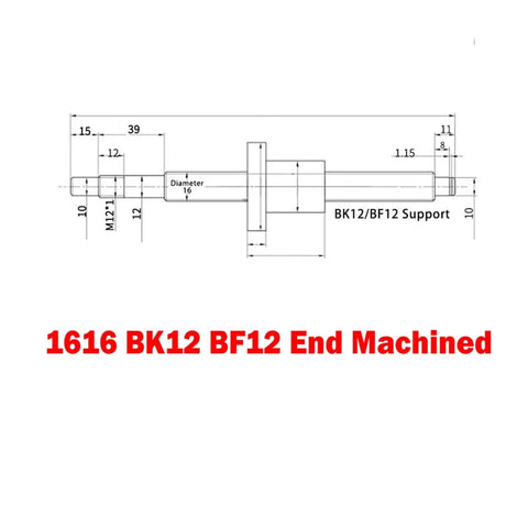 Technical drawing of Rock Solid Precision Ball Screw With Ball Nut SFE1616 C7 16mm diameter, 16mm lead, 800mm travel, BK12 BF12