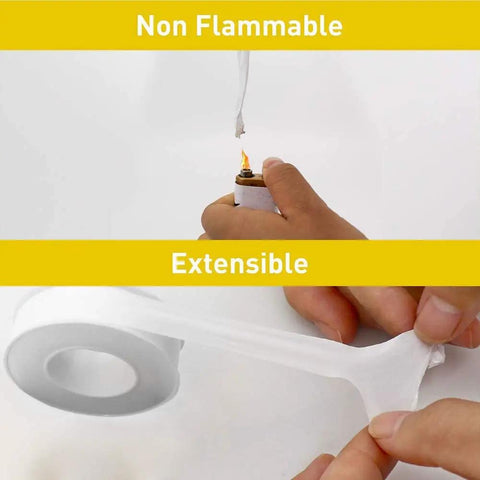 10 Pack PTFE Teflon Tape For Plumbing, Heavy Duty Thread Seal Tape being tested for non-flammability and extensibility with a lighter.