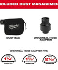 Included dust management accessories for Tough As Nails Cordless Belt Sander: dust bag and universal hose adapter.