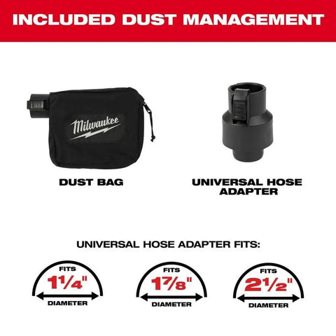 Included dust management accessories for Tough As Nails Cordless Belt Sander: dust bag and universal hose adapter.