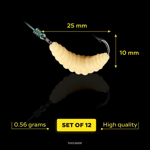 Rugged Rubber Maggots Bait Set For Freshwater Fishing with hook attached, 25mm length, 10mm height, set of 12, high quality