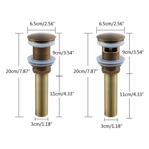 Copper Wash Basin Drain Plug, With drain hole, With drain hole A dimensions showing design and size for easy installation.