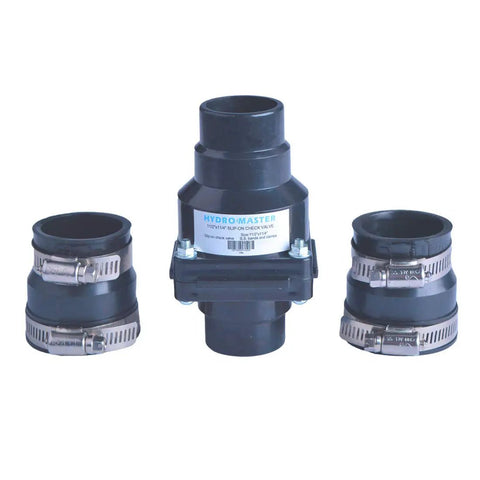Slip On Sump Pump Check Valve With Stainless Steel Clamps For One And One Half Inch Or One And One Quarter Inch ABS Body With EPDM Seals Corrosion Resistant Clamp Fasteners Easy Install Vertical Or Horizontal set