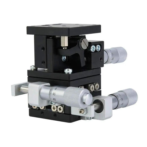 Three Axis Linear Stage 40x40mm With Cross Roller Bearing In Black Aluminum featuring micrometer heads, XYZ movement, optical table use