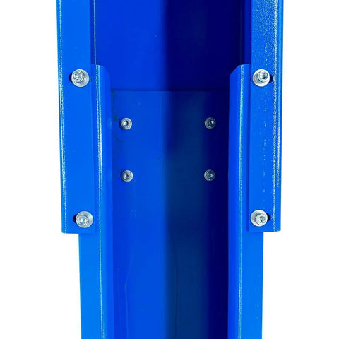 Close-up of blue steel post for KATOOL 11000lb two-post car lift; mounting bolts visible