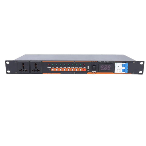 Ten Outlet Power Sequencer Conditioner With Independent Controls And Clear Digital Voltage Display For Touring Stages Amplifiers And Home Listening Rooms Us Plug black rackmount design with digital voltage display and multiple outlets.