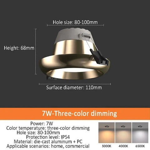 XYIANG 4.3 Inch Led Recessed Lighting with Black/Gold Wall Washer Trim, 7W Round Dimmable Anti-Glare Downlight showing dimensions.