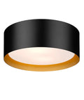 Two Light Frosted Glass Flush Mount Ceiling Light in Black with Gold Inner Accent Sleek Modern Vibe Metal Fixture