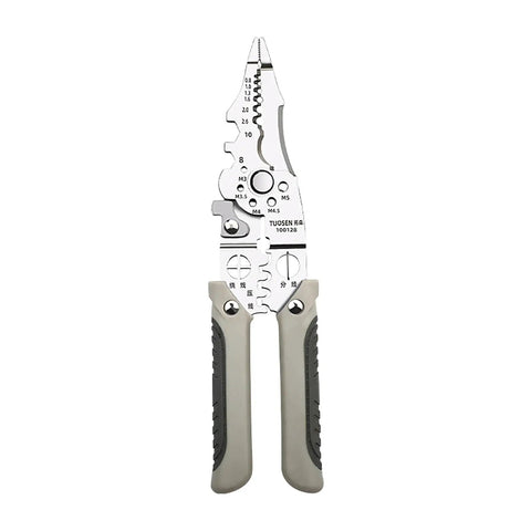 Pro Grade Heavy Duty Wire Stripper And Cutter Pliers For Electricians with rubber grip and chrome finish, ideal for cutting and stripping.