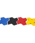 Set Of Four Concrete Stamp Mats 23.23x23.23x0.55in Lightweight PU Texturing Skins in blue, black, red, yellow on white background.