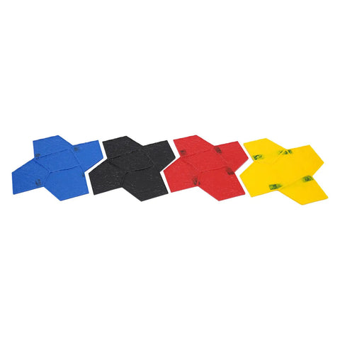 Set Of Four Concrete Stamp Mats 23.23x23.23x0.55in Lightweight PU Texturing Skins in blue, black, red, yellow on white background.