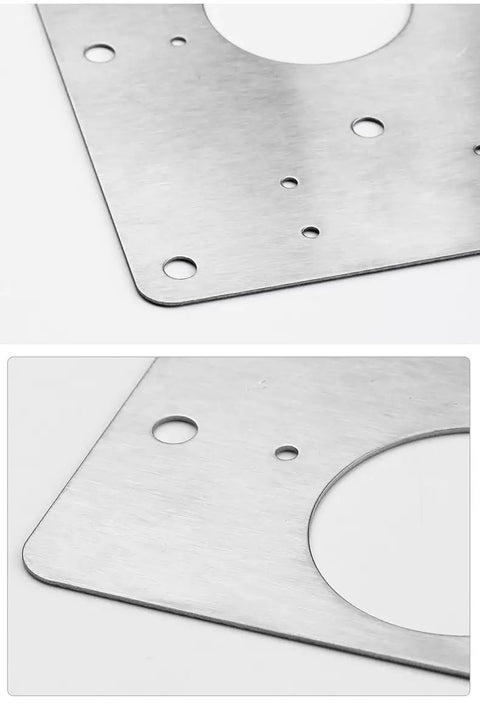 Close-up of 316 Stainless Steel Cabinet Hinge Repair Plates 6 Pack Fix Wobbly Cabinet Doors Fast in Minutes No Wood Filler or Drilling Needed.