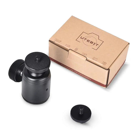 Two Pack Universal One Quarter Inch Swivel Mini Ball Head Tripod Mounts With Three Eighths Inch Converter And Removable Quarter Inch Hot Shoe, black metal