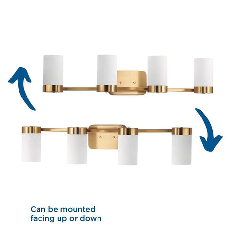 Elevate Four Light Bath Vanity Light In Antique Bronze With Glass Shades shown in upward and downward mounting options