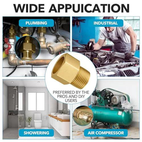 Brass pipe fitting adapter set, 3 pcs, 1/2-in female x 1/2-in male NPT, hex, 1200 psi, for plumbing, industrial, shower, and air compressor uses
