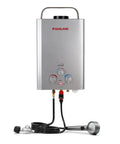 Portable Propane Tankless Water Heater With 41000 BTU And 1.58 GPM Digital Display CSA Certified Multi Protection Safety Perfect For Camping RV Off Grid Use And Outdoor Showers On The Go, showing front with controls and hose.