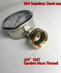 Close-up pressure gauge, 304 stainless steel liquid-filled, 2.5 in dial, 3/4 in GHT garden hose thread