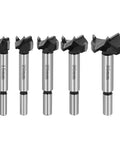 5-piece woodworking drill bit set (15–35mm) with self-centering hinge hole opener, silver metal