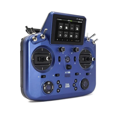 Tandem X18 Radio Transmitter Dual Band 2.4GHz And 900MHz TD System with touchscreen and ergonomic design in blue, side view