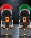 Emergency Push Button Switch With Green And Red Mushroom Head For Home And Industrial Equipment No NC 22mm Spring Return Pack Of 2 Safe E Stop Button For Machinery And Safety, front view