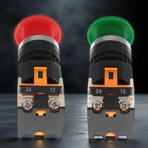 Emergency Push Button Switch With Green And Red Mushroom Head For Home And Industrial Equipment No NC 22mm Spring Return Pack Of 2 Safe E Stop Button For Machinery And Safety, front view