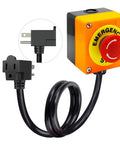 Emergency Stop Push Button Switch With 3.3 Foot 14AWG Cable And Piggyback Plug IP67 Waterproof Inline Power Emergency Button For Extension Cords AC DC 10A 125V Shuts Down Fast For Industrial Tools And Home Equipment showing red stop button, black cable, and plug connection for safety in industrial settings.