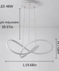 Dimmable LED Pendant Light With Irregular Ring Design, Remote Control, White Finish, 48W, 19.68 Inch hanging lamp with measurements