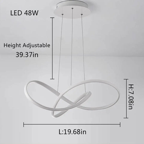 Dimmable LED Pendant Light With Irregular Ring Design, Remote Control, White Finish, 48W, 19.68 Inch hanging lamp with measurements