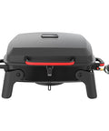 Front view of One Burner Portable Gas Grill with Locking Lid, 11,000 BTU Stainless Steel Burner, Foldable Legs, Compact Design