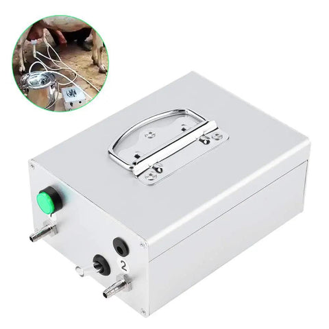 Goat Milking Vacuum Pump Portable 48W 12V Electric Milker with large suction pulsator, aluminum housing, and green button
