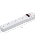 White 2 Pack Surge Protector Power Strip With 6 Outlets 200 Joule Circuit Breaker LED Switch Wall Mount 2 Ft Cord side view with dimensions