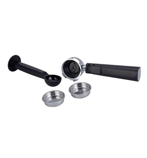 Game Changer 20 Bar Espresso Maker with Dependable Steam Wand and Silky Milk Frother parts including portafilter and measuring scoop.